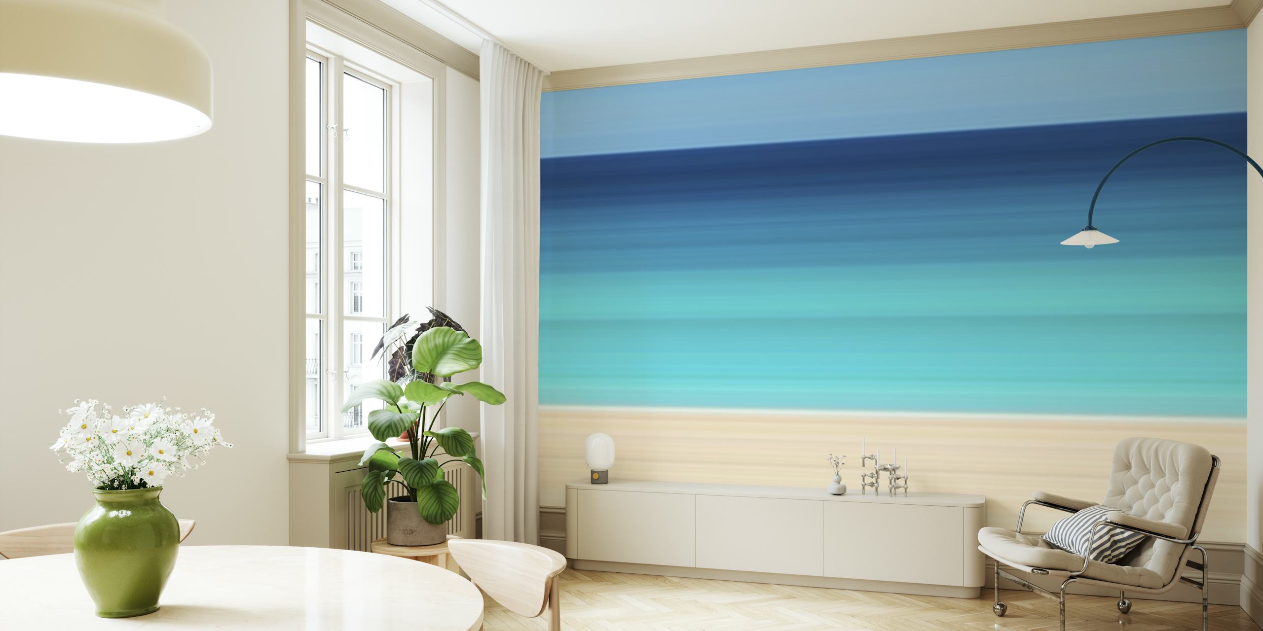 Abstract representation of Isla Mujeres with horizontal lines in shades of beach sand and ocean blues